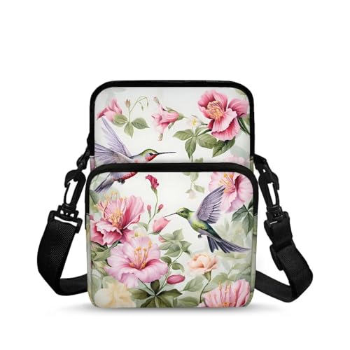 Pynewomyt Pink Flower Bohemian Hummingbird Cross Body Sling Backpack with Adjustable Strap Small Cross Body Card/Money/Cash Coin Pouches Messenger Purse