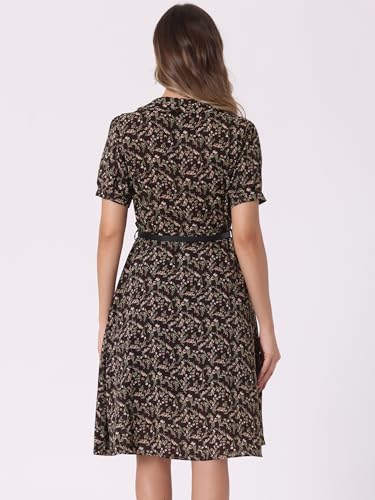 Image of Allegra K Women's Peter Pan Collar Tie Neck Short Sleeves A-Line Elegant Belted Vintage Floral Dress