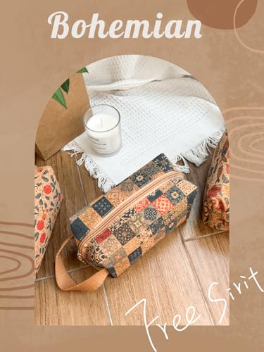 Boho Cork Makeup Bag, Vintage Floral Art Pouch, Patchwork Pattern, 7.5 x 3.5 x 3.5 Inches, Bohemian Cosmetic Pouch, Hippie Travel Organizer, Boho Pencil Pouch4
