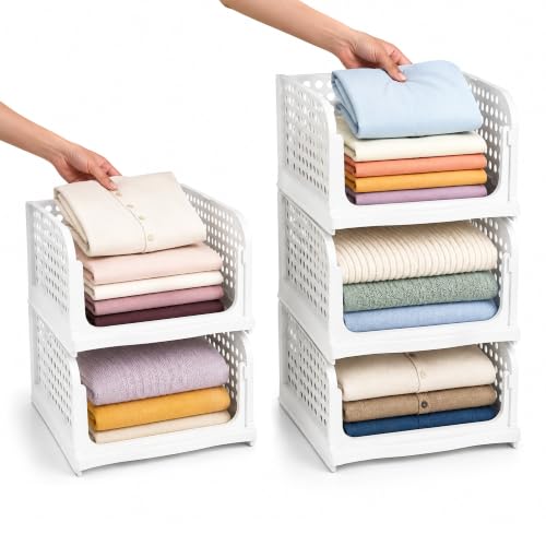 Image of CLAPONE Set of 5 Large Foldable Cloth Storage Organizer /Stackable Wardrobe Organizer for Clothes /Multipurpose Sliding Basket /Rack Organiser for Storage /Shirt Stacker Box (44 x 33 x 18.5 cm, White)