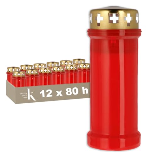 KRISTEN Lanterne funéraire extérieure traditionnelle 6D – 80 heures de combustion – Rouge – Lot de 12 pièces – Pack économique – Lumière commémorative, bougie funéraire, bougie commémorative