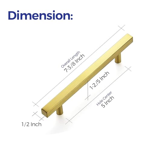 Image of Ravinte 50 Pack 7.38 Inch Square Cabinet Pulls Brushed Brass Stainless Steel Kitchen Drawer Pulls Cabinet Handles 7-3 /8 inchLength,5 inch Hole Center