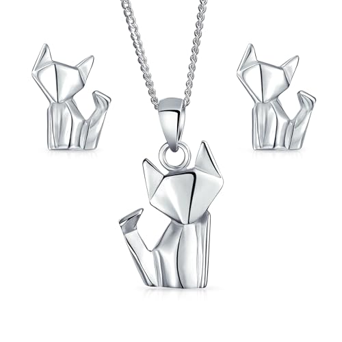 Collar colgante de gato en plata y pendientes 3D de origami el regalo ideal para mujeres jóvenes