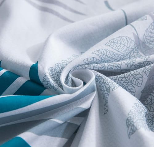 Image of Duvet Cover Set, 600 Thread Count Cotton White Leaf Floral Pattern Print Reversible Comforter Cover Set (King, Peacock Blue-Leaf)