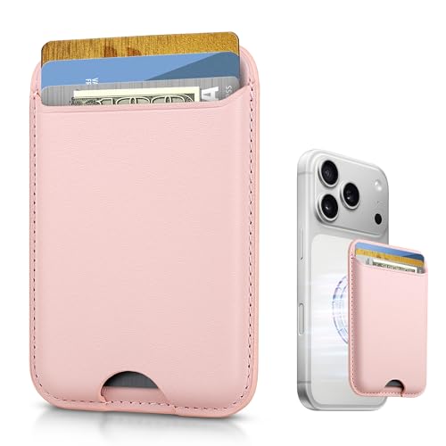Image of Magnetic Mag-safe Wallet Cell Phone Card Holder for Phone Case with Mag-Safe, Stronger Magnetic RFID Leather Stick on Phone Wallet Compatible with iPhone 17 /16 /15 /14 /13 /12 Series, Light Pink Color