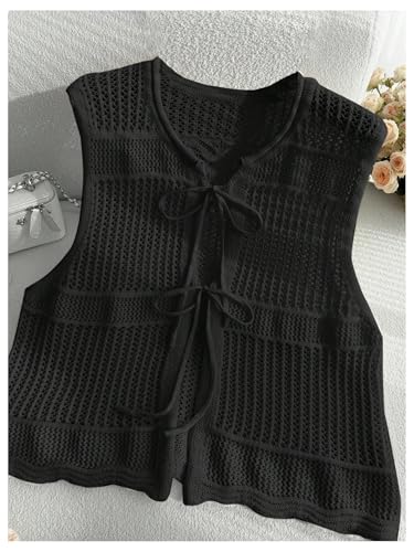Verdusa Women's Plus Size Tie Front Sweater Vest Sleeveless V Neck Hollow Out Crochet Knitwear4