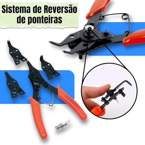 Jogo 3 em 1 Alicate Extrator Reversível 150mm Tirar Abrir Saca Anel Anéis pressão Retenção Elastico