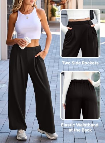 EVALESS Wide Leg Pants for Women Elastic High Waisted Waffle Knit Fleece Lined Palazzo Pants Work Trousers with Pockets3