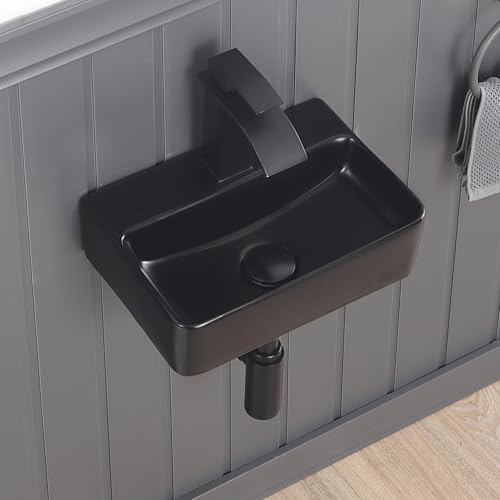 DEHOMEN 14" Black Small Floating Vessel Sink Wall Mount For Tight Bathroom