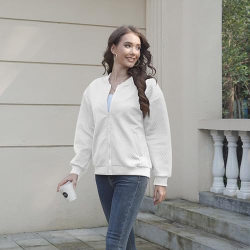 Bomber Jacket Women Zip Up Textured Lightweight Jacket with Pockets Cute Slim Fitted Strand Collar Fall Winter Jackets3