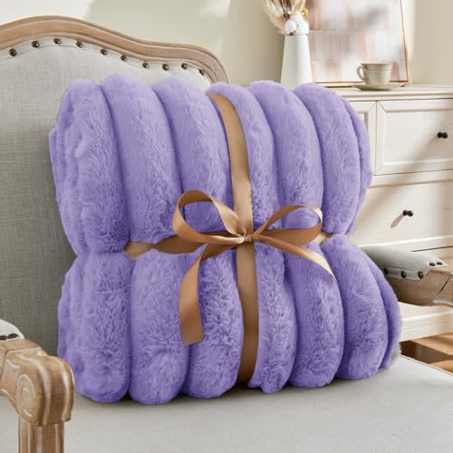 Image of BEDELITE Faux Fur Throw Blanket for Couch, 770GSM, 60 inch x 80 inch, Lavender | Soft and Cozy Luxurious 3D Striped Fluffy Blanket, Warm Plush Fuzzy Faux Rabbit Fur for Women Gift, Stylish Room Decor