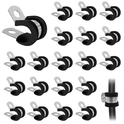 Bellanova 20 Pièces Colliers de Serrage en Acier Inoxydable 304, 6/8 / 10/12 mm, Clips P avec Insert en Caoutchouc, Colliers pour Câbles et Faisceaux (10 mm)