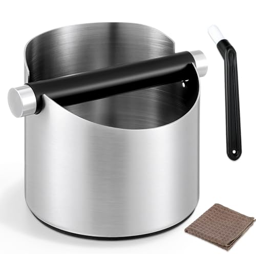 ISHEWUDU Coffee Knock Box with Brush, Stainless Steel Coffee Grounds Bin - Small Espresso Knock Box, Non-Slip Base, Large Capacity Coffee Waste Container, Removable Knock Bar, Coffee Accessories​