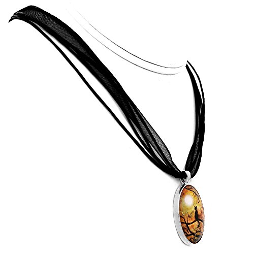 Black Cat Pendant Halloween Necklace Full Moon Moss Tree Branches Zen Handmade Jewelry Art #TOP1