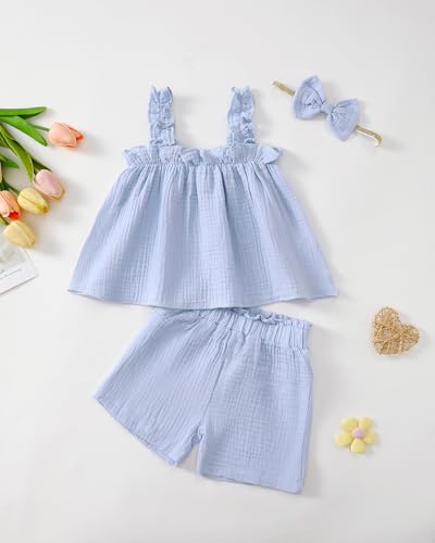 XUANHAO Toddler Baby Girl Clothes Summer Outfits Sleeveless Ruffled Linen Shirts Tank Tops Shorts Kids Girls Clothing Sets4