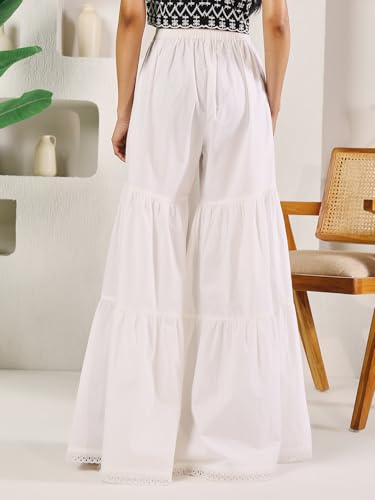 Image of FIORRA Women Relaxed Fit White Cotton Tiered Sharara