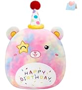 Athoinsu Happy Birthday Bear Plush Pillow Soft Kawaii Birthday Plushie Cute Rainbow Stuffed Anima...