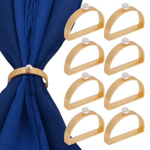 Gold Napkin Rings Set of 8 - Semicircle Napkin Ring Holder in Matte Gold- Pearl Napkin Rings for All Occasions Made of Durable and Sturdy Zinc Alloy