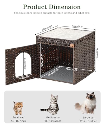 Image of SETVSON Cat Litter Box Enclosure, PE Rattan Hidden Kitty House, Brown | PE Rattan Kitty House, Reversible Double-Sided Pad, Litter Mat, 2 S-Hooks, Iron Frame, 18.5x20.5x19.1 In Cat Cabinet