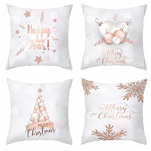 HFONG Fundas Navideñas para Cojines,Juego De 4 Fundas De Cojín para Sofá, Funda De Almohada De Bronceado Rosa Navideño De 45 × 45 Cm, Fundas Decorativas De Cojines De Navidad De 18 × 18 Pulgadas Par