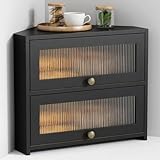 Goozii Corner Bread Box for Kitchen Countertop, Double Layer Large Breadbox for Counter Top, 2 Tier Wooden Farmhouse Homemade Bread Storage Container Holder Keeper for Cabinet (Black Bamboo Wood)