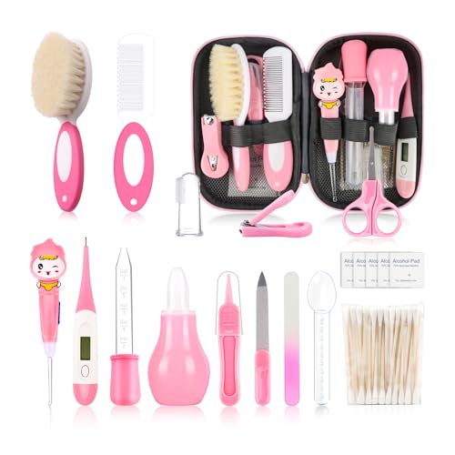 Baby Grooming Kit，Infant Safety Care Setwith Hair Brush Comb Nail Clipper Nasal Aspirator, Baby Essentials Kit for Newborn Girls Boys (20 PC-Pink Kit)