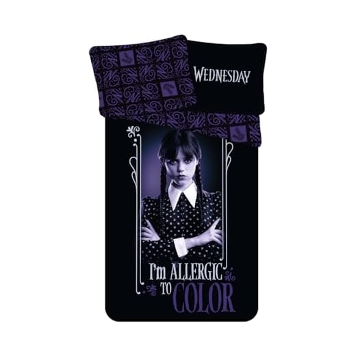Jerry Fabrics Miércoles Addams, 100% algodón, funda nórdica reversible Wednesday 140 x 200 cm + funda de almohada a juego