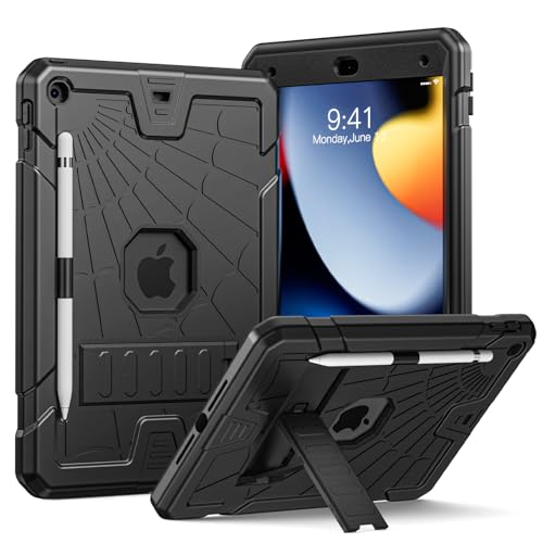 Sibeitu Case for iPad 9th Generation 10.2 Inch 2021 with Pencil Holder, Rugged Shockproof iPad 8th 7th Case 2020 2019 with Kickstand, Heavy Duty Protective Cover for Kids Boys Girls l Black