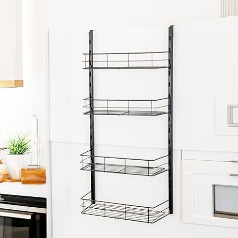 USTECH 4-Tier Over The Door Pantry Organizer Heavy Duty, Metal Hanging Storage Rack with Wired Tubing, Adjustable Shelves for Kitchen, Bathroom, Closet, Space-Saving Design Black Cover