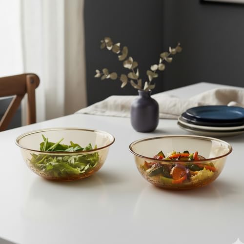 Image of The Better Home Set of 2 Borosilicate Glass Bowls | 1900 ml Each | Microwave Safe | Scratch Resistant | Serving & Mixing Bowls for Kitchen | Round | Transparent | Amber