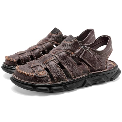 Moodeng Men's Leather Sandals Outdoor Sport Sandals Athletic Closed Toe Sandals Hand Sewing Comfortable Walking