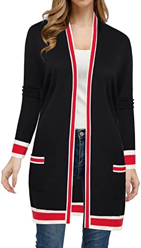Checkered Cardigan for Women Contrast Knit Cardigan Sweater with Pockets(Contrst Black Red,S)