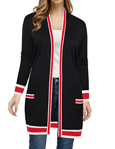 Checkered Cardigan For Women Contrast Knit Cardigan Sweater With Pockets(Contrst Black Red,S) #TOP1