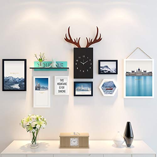ZY-XSP Conjunto de marcos de fotos de madera en el centro comercial residencial montado en la pared - Modernos marcos de marcos de fotos con reloj + Marcos de fotos de madera combinados + para