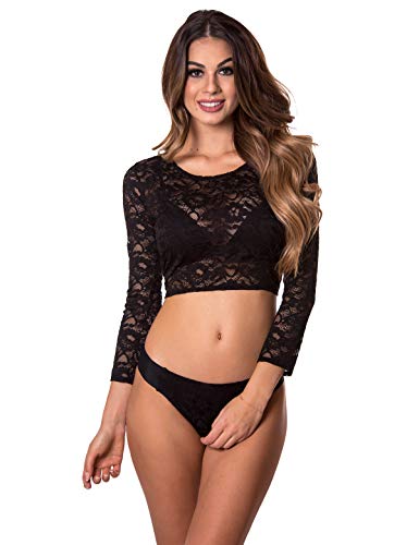 RELLECIGA Women's Black Long Sleeve Lace Cover up Swimsuit Size Medium