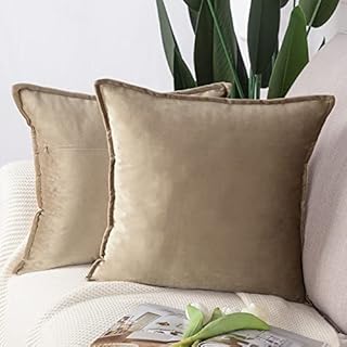Madizz Pack of 2 Super Soft Velvet Decorative Cushion Covers with Fringe Luxury Style Cushion Case Pillow Shell for Sofa Bedroom Square Light Brown 16x16 inch