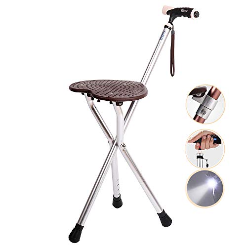 Walking Stick with Seat Folding - Walking Cane Seat 300 lbs Capacity with LED Light Adjustable Height for Elder Gift