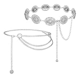 Fjquamitix 2 Pcs Chain Belt for Women Vintage Western Adjustable Boho Cowgirl Waist Belt Metal Decorative for Dresses Skirts (2 Silver)
