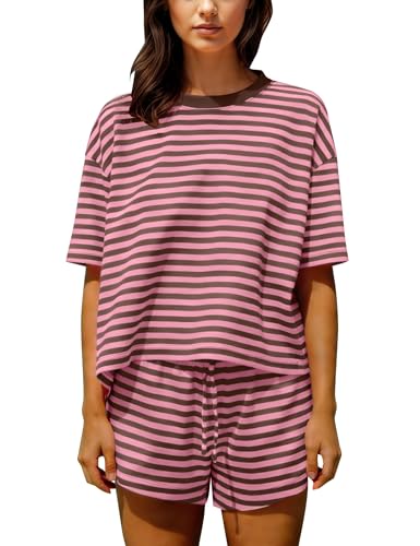 Image of Ythomm Striped Pajamas Shorts Sets Women 2 Piece Lounge Outfits Short Sleeve Tees Drawstring Shorts Summer Matching Pj Sets
