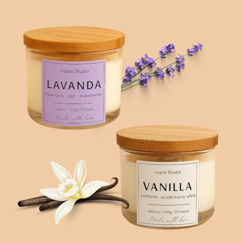 Kit 2 Velas Aromáticas Perfumadas, Lavanda e Vanilla (Baunilha), Natural, 100g Cada, Pote de Vidro com Tampa de Madeira, 20 Horas | cuore Studio (Lavanda e Vanilla)