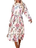 ANRABESS Women's Floral Chiffon Midi Dress Puff Long Sleeve Mock Neck Summer Wedding Guest Party Dresses Fall 2025 Outfits Floral Pink Small