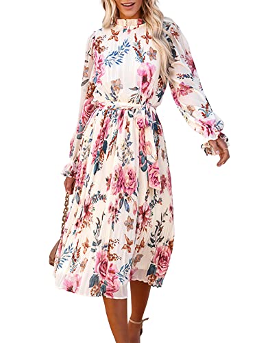 ANRABESS Women's Floral Chiffon Midi Dress Puff Long Sleeve Mock Neck Summer Wedding Guest Party Dresses Fall 2025 Outfits Floral Pink Large