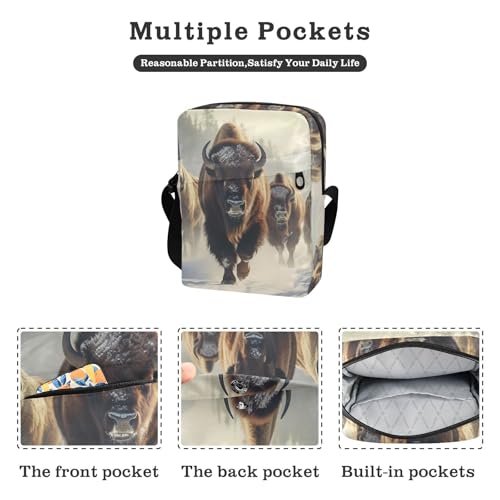 Crossbody Sling Bag for Women Men, Zipper Closure Messenger Bags Bison Herd Print with Card Phone Passport Compartment 6.6×9.4×2.5 IN2