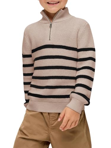 Haloumoning Boys Striped Quarter Zip Sweater Kids Fashion Long Sleeve Knit Pullover Sweaters Tops 5-14 Years Khaki