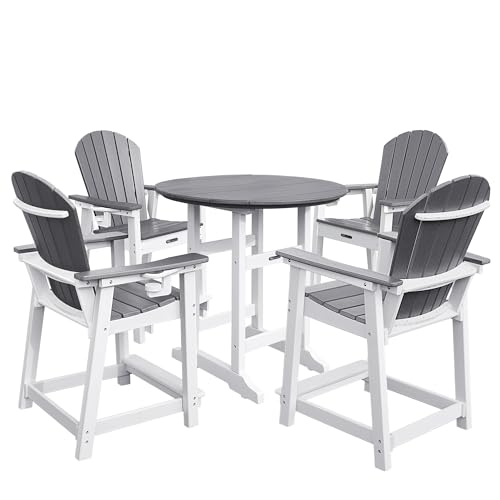 YUSSJI Tall Adirondack Chairs Patio Bar Tables Set of 5 Weather Resistant HDPE 35" Round Outdoor Bar Adirondack Barstools Plastic Height Table Pub, for Garden, Backyard, Yard, Pool, Fire, Pit (Grey)