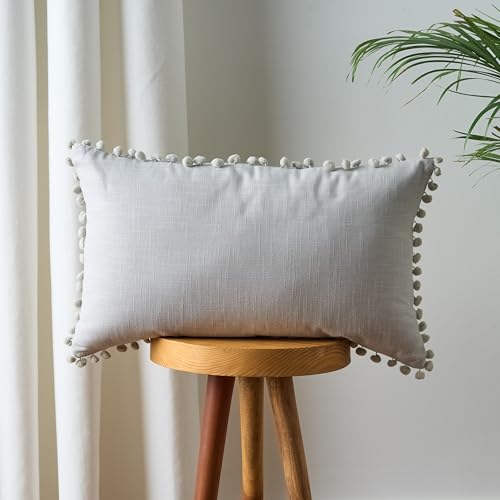 Image of 100% Cotton Pom Pom Cushion with Filler, Elegant & Modern Cushion Cover for Living Room, Rectangle, 12 inchx20 inch, uni slub, Set of 4 - L.Gray