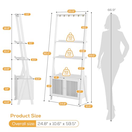 Image of Bookcase with Drawers, 4-Tier Bamboo Bookshelf Ladder Shelf with 6 Hooks, 59.5 inchH x 24.8 inchL x 10.6 inchW, Tall Narrow Freestanding Standing Storage Organizer for Living Room, Office, Bedroom, White