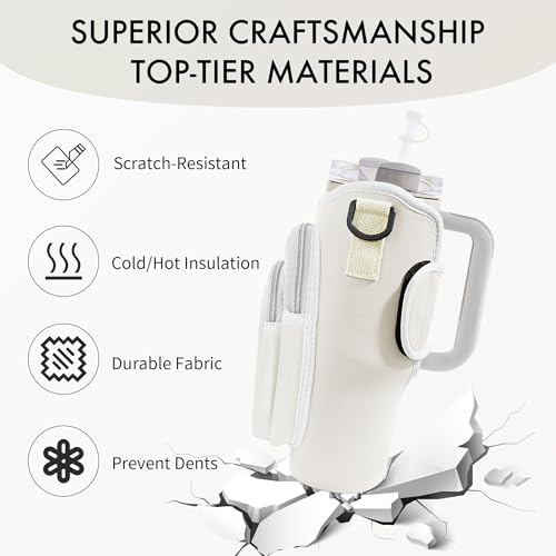 Image of Water Bottle Carrier Bag with Phone Pocket for Stanley Cup 40 /30 oz, Water Bottle Holder with Adjustable Strap& Straw Cover, Stanley Cup Accessories (White)