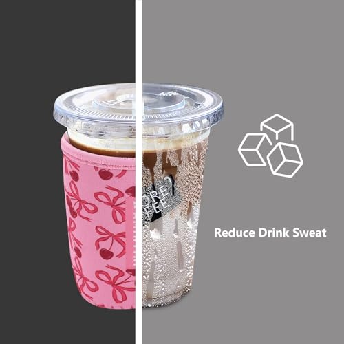 Image of 3 Pack Reusable Sleeve for Iced Coffee Cup, Coffee Neoprene Sleeve for Iced&Hot Drinks, Coffee Sleeve Compatible with Starbucks, Dunkin Coffee Cup. (Cherry&Bow)