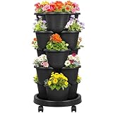 VECELO 5 Tier Vertical Garden Planter, Self Watering Stackable Planters with Wheels for Strawberries, Herbs, Flowers, Vegetables, Black
